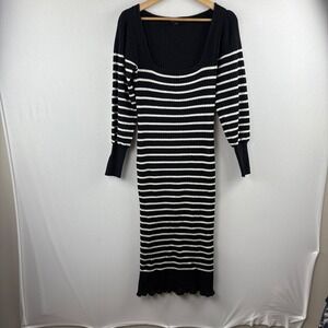 Ann Taylor Black White Stripe Square Neck Ribbed Knit‎ Midi Dress Size S
